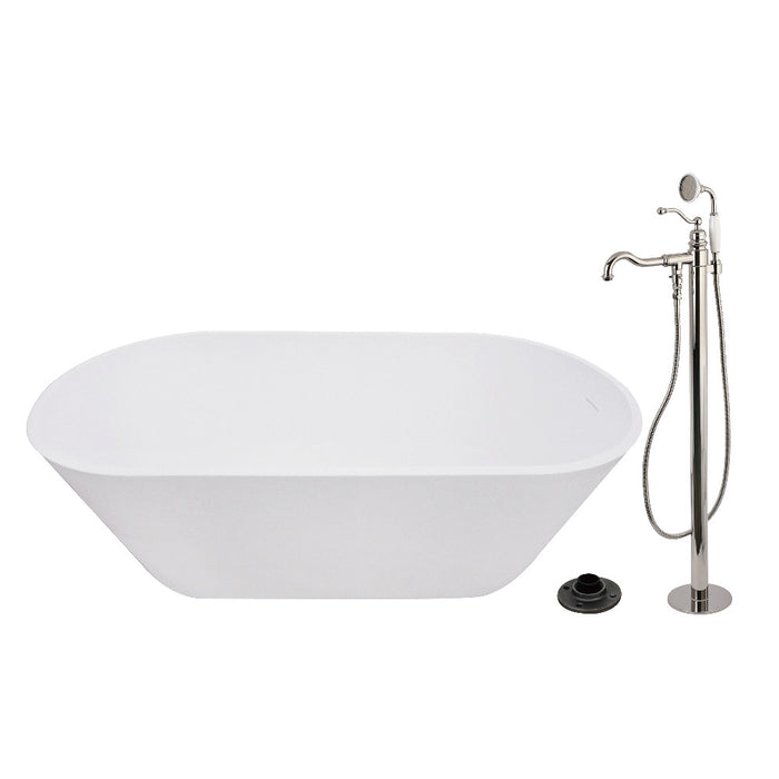 Kingston Brass KRTRS6731136AL 67" Solid Surface Oval Double Ended Freestanding Tub with Faucet Combo and Drain, Polished Nickel