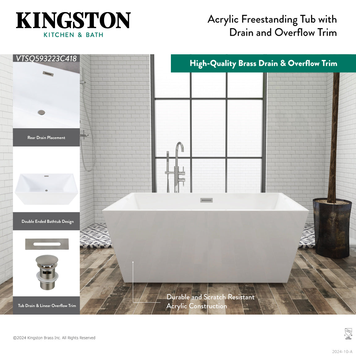 Kingston Brass VTSQ593223C410 59" Acrylic Rectangular Double Ended Freestanding Tub with Drain, Glossy White/Matte Black