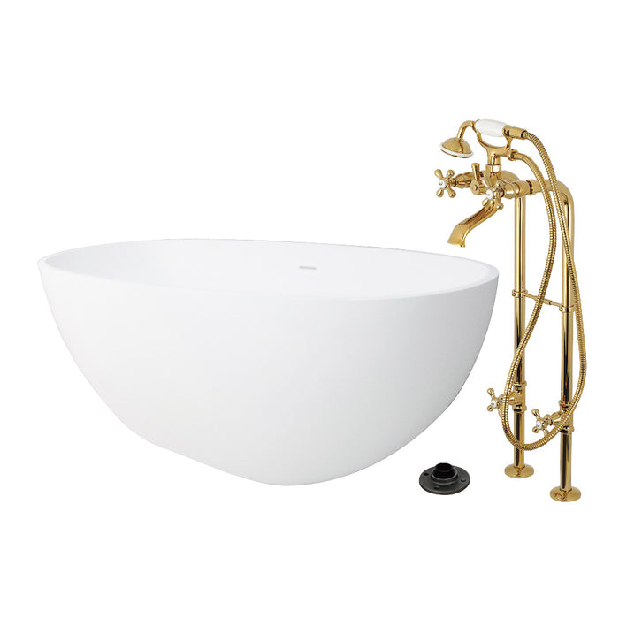 Kingston Brass KRTRS6531266K2 65" Solid Surface Oval Double Ended Freestanding Tub with Faucet Combo and Drain, Polished Brass