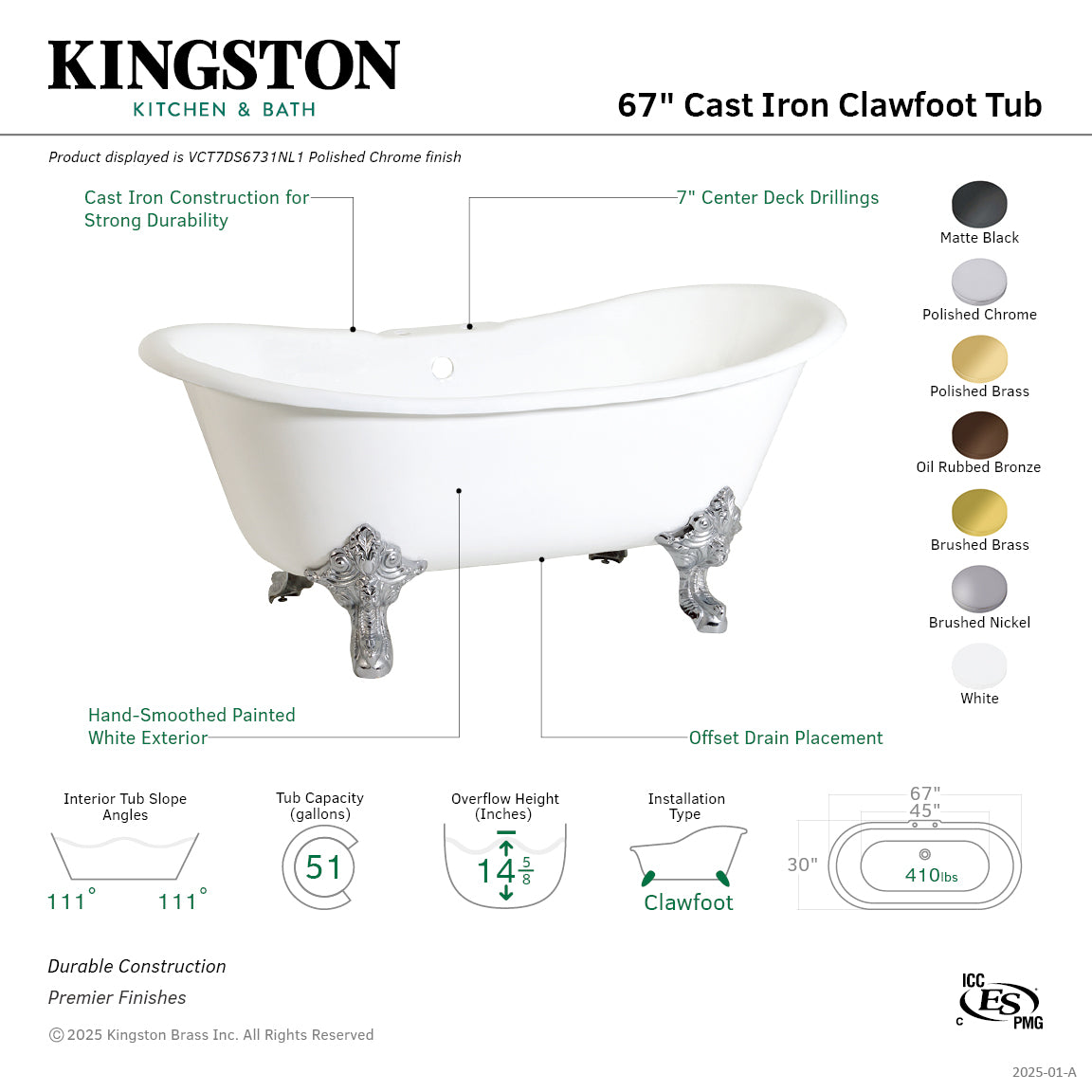 Aqua Eden VCT7DS6731NL0 67" Cast Iron Oval Double Slipper Clawfoot Tub (7" Faucet Drillings), White/Matte Black