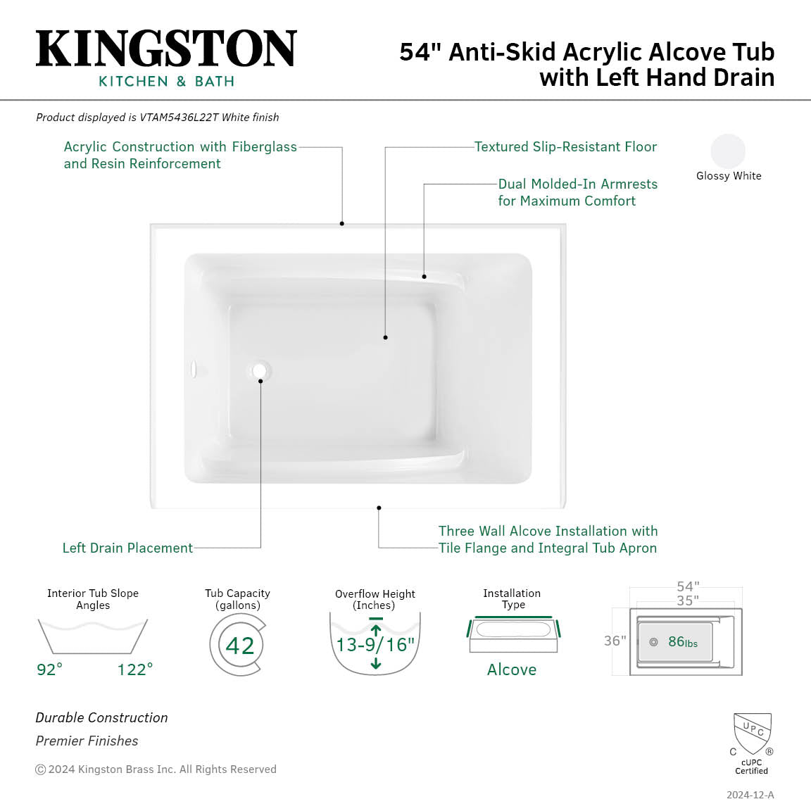 Aqua Eden VTAM5436L22T 54" Acrylic Rectangular 3-Wall Alcove Tub, Left Hand Drain, Glossy White
