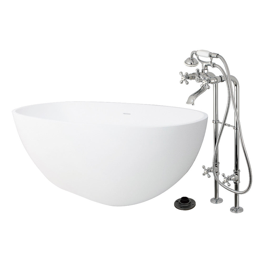 Kingston Brass KRTRS6531266K1 65" Solid Surface Oval Double Ended Freestanding Tub with Faucet Combo and Drain, Polished Chrome