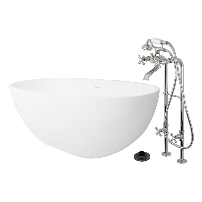Kingston Brass KRTRS6531266K1 65" Solid Surface Oval Double Ended Freestanding Tub with Faucet Combo and Drain, Polished Chrome