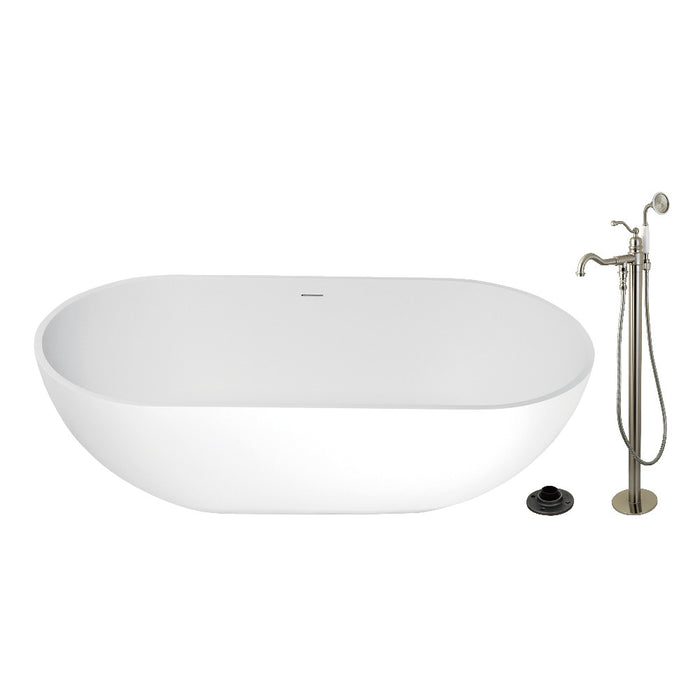 Kingston Brass KRTRS7035138AL 70" Solid Surface Oval Double Ended Freestanding Tub with Faucet Combo and Drain, Brushed Nickel