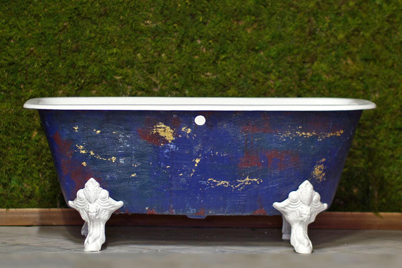 WatermarkFixtures Square Cast Iron Clawfoot Bathtub Trompe L’oeil Antiqued Lagniappe Freestanding Claw Tub - Degas Blue - Bathroom Design Center