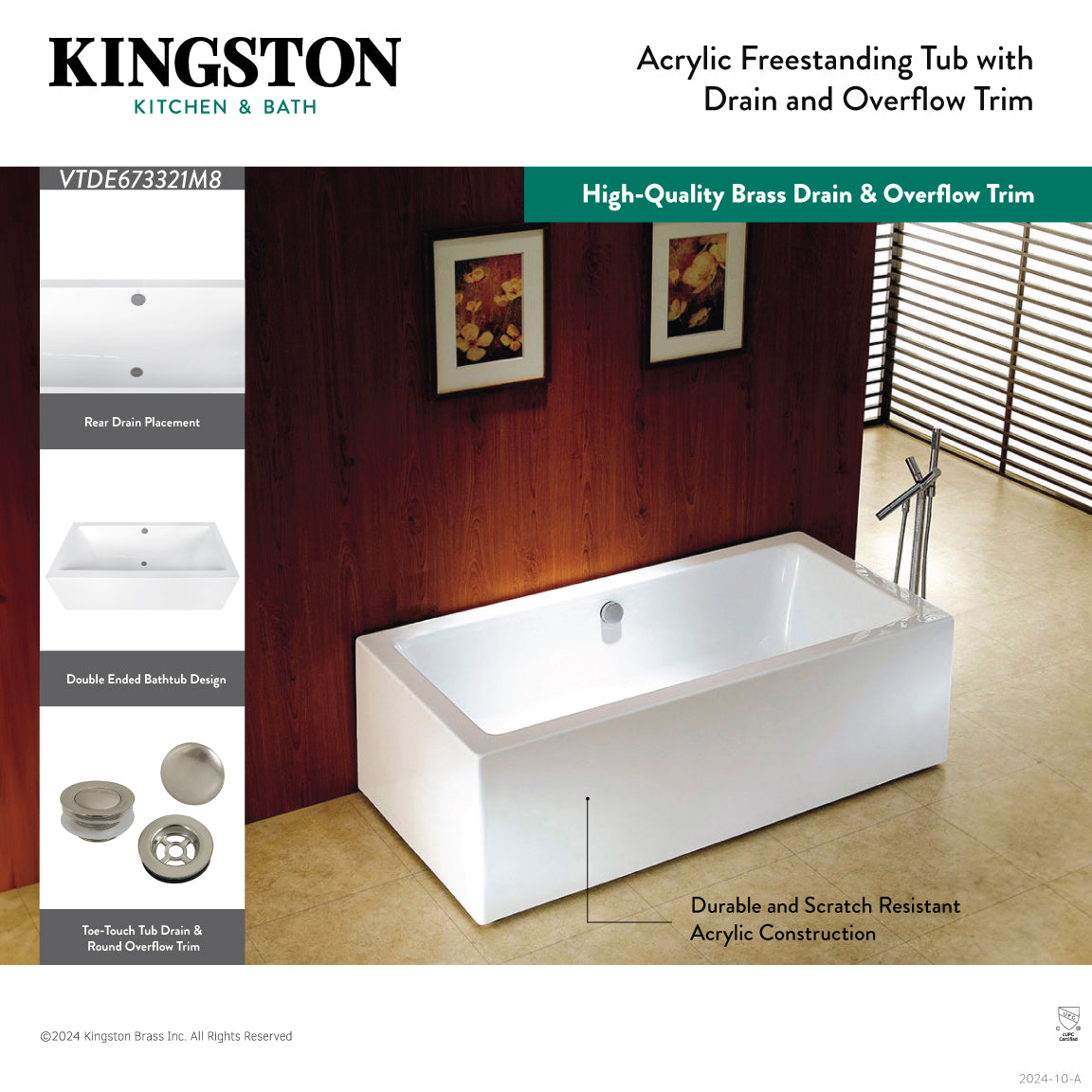 Kingston Brass VTDE673321M3 67" Acrylic Rectangular Double Ended Freestanding Tub with Overflow/Drain Assembly, Glossy White/Antique Brass