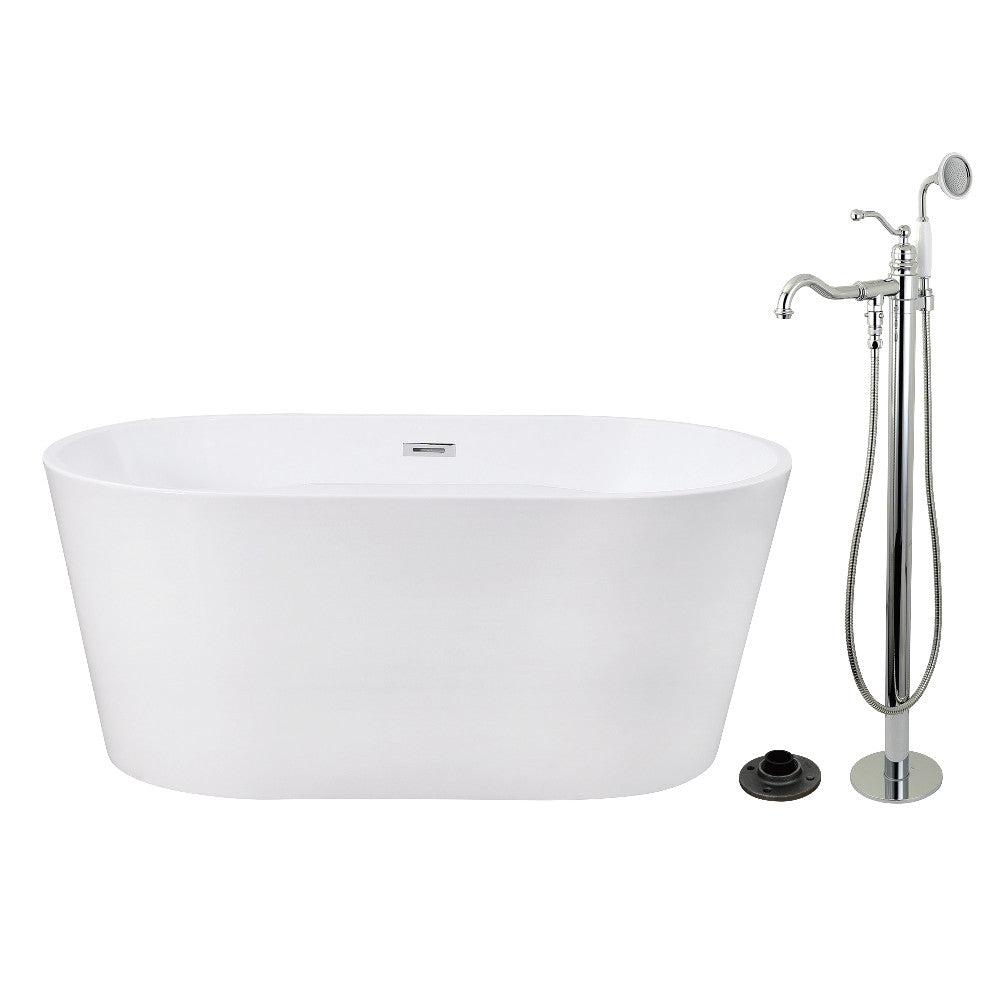 Kingston Brass KTDE5632131AL 56" Acrylic Oval Double Ended Freestanding Tub with Faucet Combo and Drain, Glossy White/Polished Chrome