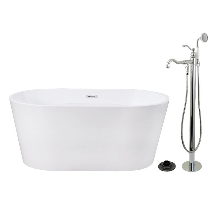Kingston Brass KTDE5632131AL 56" Acrylic Oval Double Ended Freestanding Tub with Faucet Combo and Drain, Glossy White/Polished Chrome