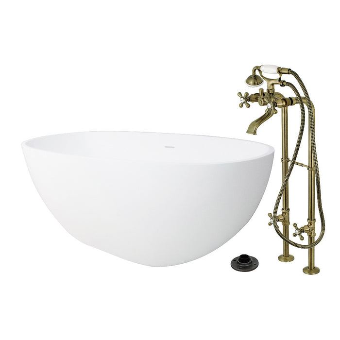 Kingston Brass KRTRS6531266K3 65" Solid Surface Oval Double Ended Freestanding Tub with Faucet Combo and Drain, Antique Brass