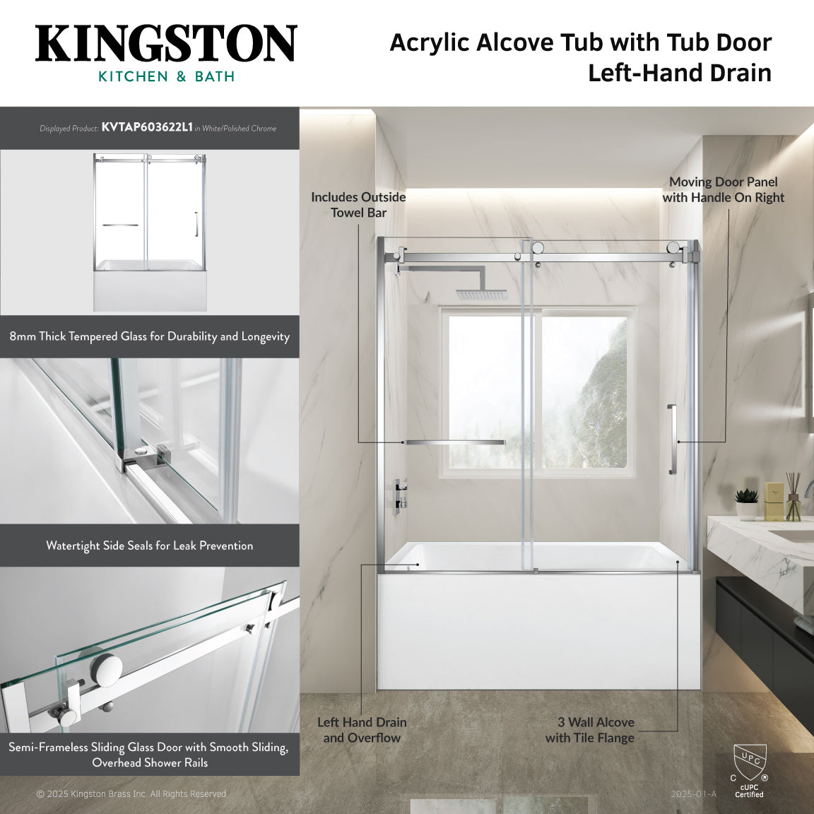 Kingston Brass KVTAP603622L1 60" Acrylic Rectangular 3-Wall Alcove Tub Combo with Tub Door (Left Hand Drain), White/Polished Chrome