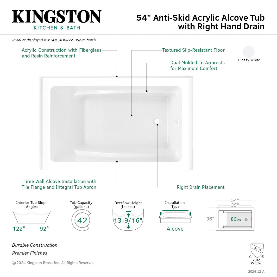Aqua Eden VTAM5436R22T 54" Acrylic Rectangular 3-Wall Alcove Tub, Right Hand Drain, Glossy White
