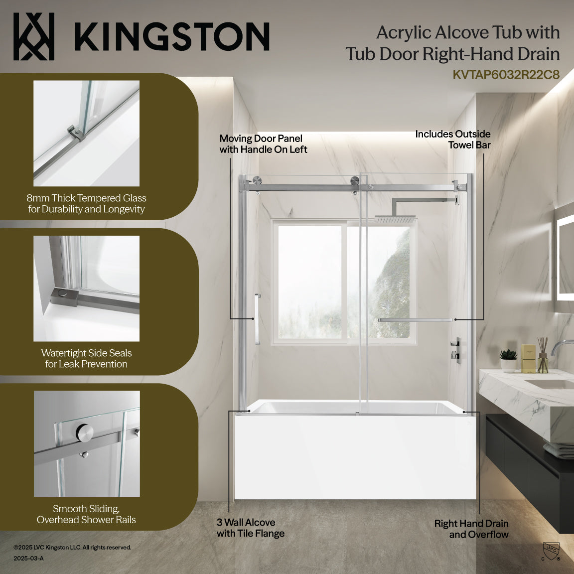 Kingston Brass KVTAP6032R22C7 60" Acrylic Rectangular 3-Wall Anti-Skid Alcove Tub Combo with Tub Door (Right Hand Drain), White/Brushed Brass