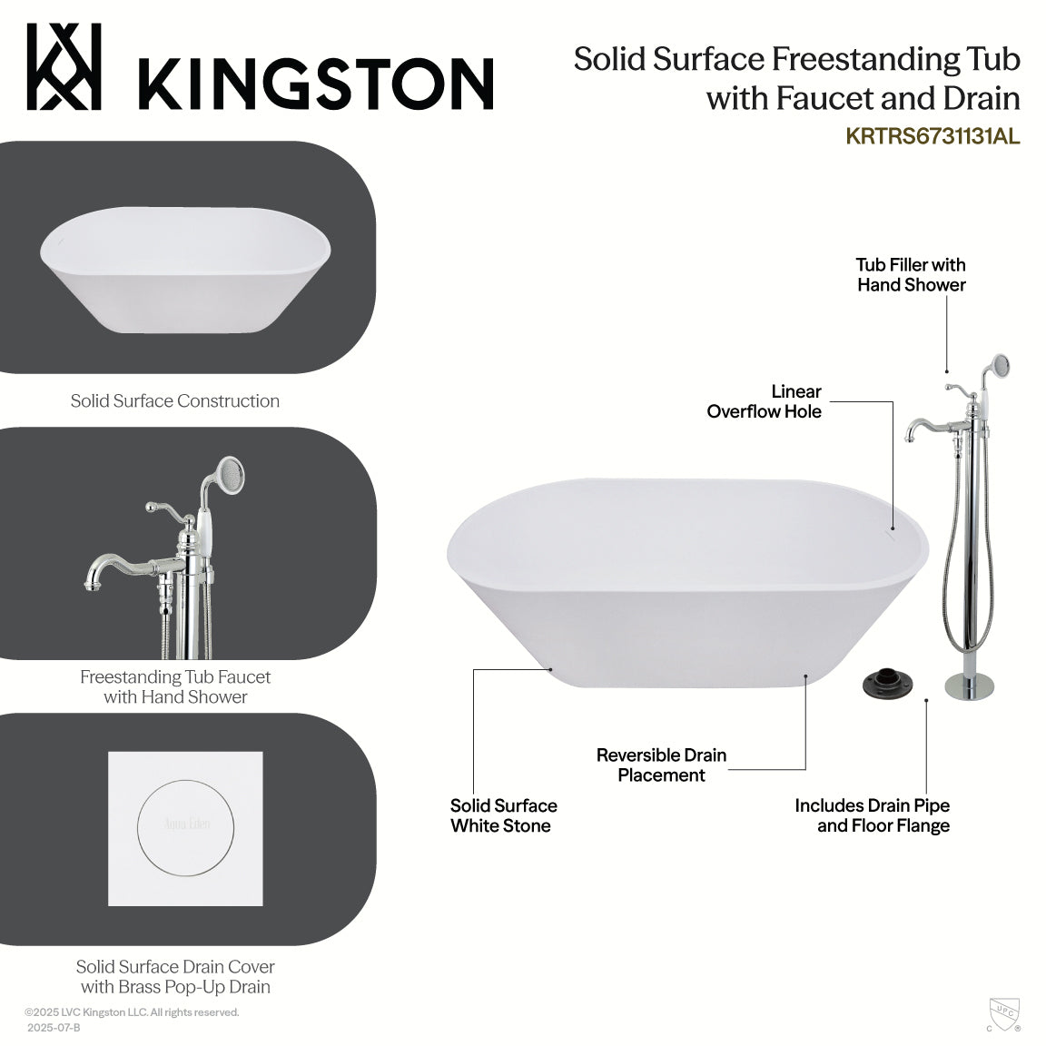 Kingston Brass KRTRS6731136AL 67" Solid Surface Oval Double Ended Freestanding Tub with Faucet Combo and Drain, Polished Nickel
