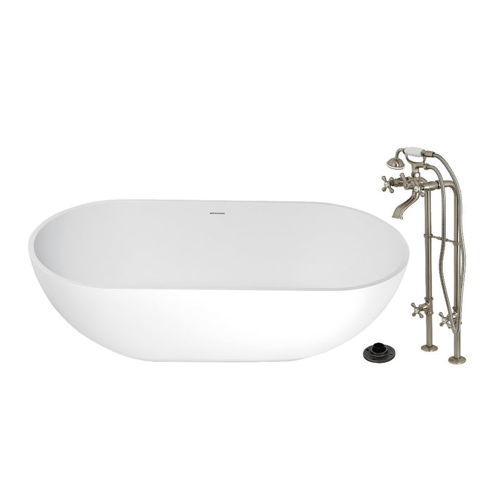Kingston Brass KRTRS7035266K8 70" Solid Surface Oval Double Ended Freestanding Tub with Faucet Combo and Drain, Brushed Nickel