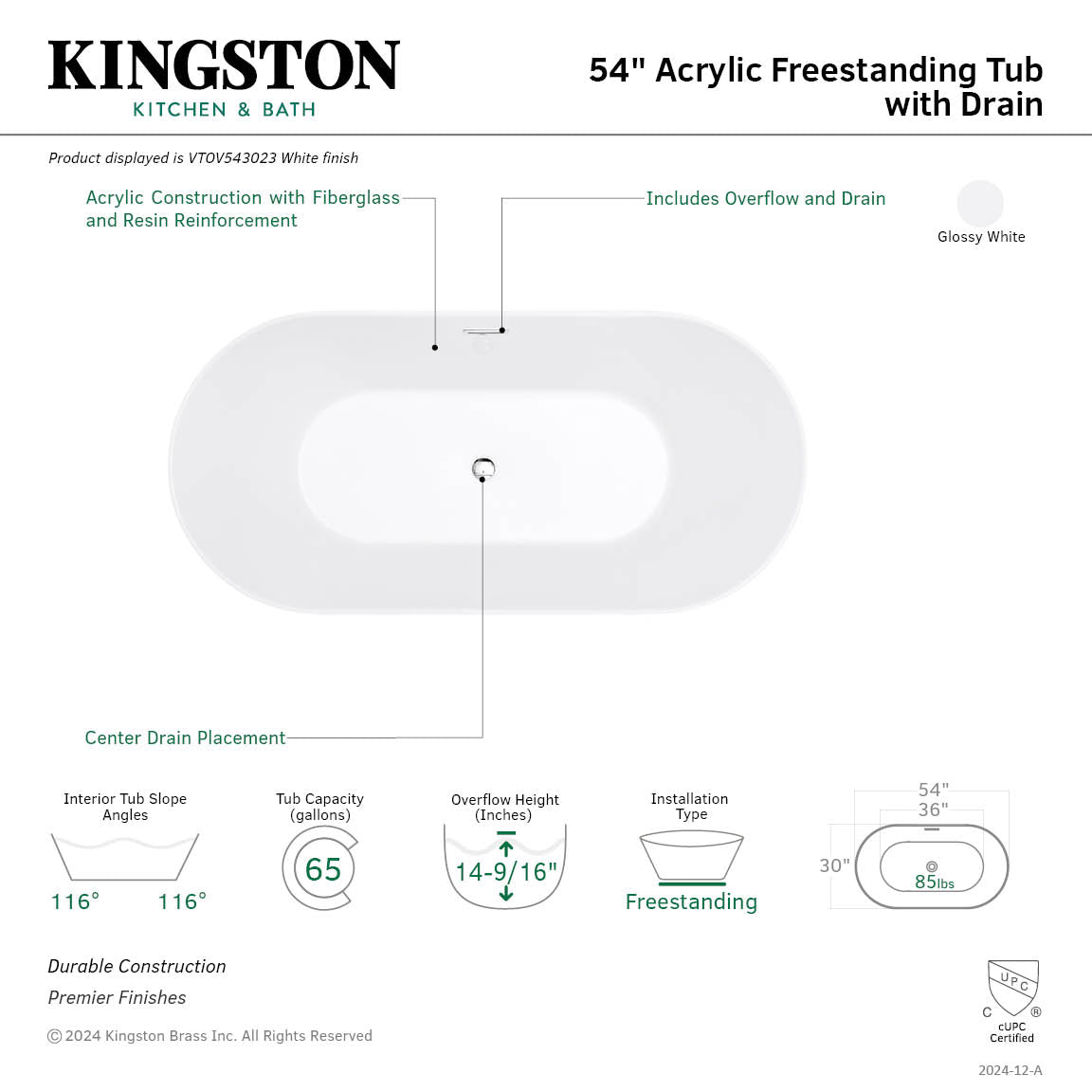 Kingston Brass VTOV543023 54" Acrylic Oval Double Ended Freestanding Tub with Drain, Glossy White