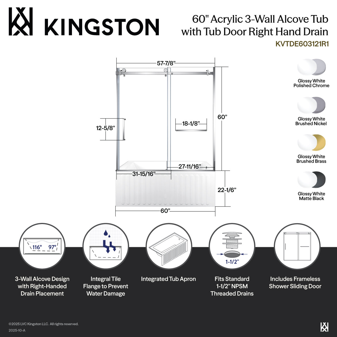 Kingston Brass KVTDE603121R7 60" Acrylic Rectangular 3-Wall Alcove Tub Combo with Tub Door (Right Hand Drain), White/Brushed Brass