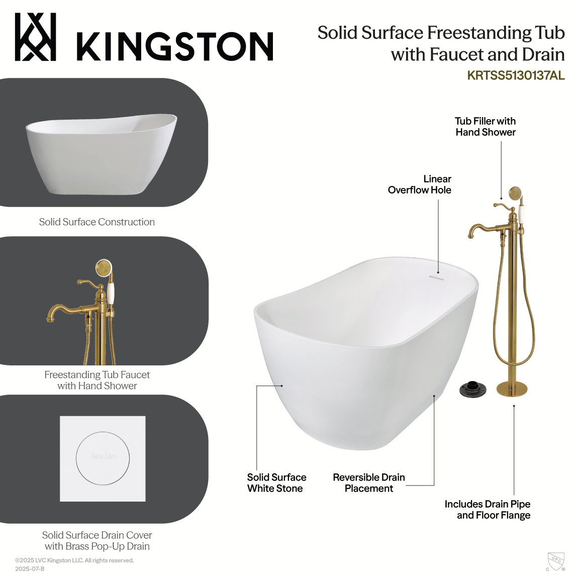 Kingston Brass KRTSS5130135AL 51" Solid Surface Oval Single Slipper Freestanding Tub with Faucet Combo and Drain, Oil Rubbed Bronze