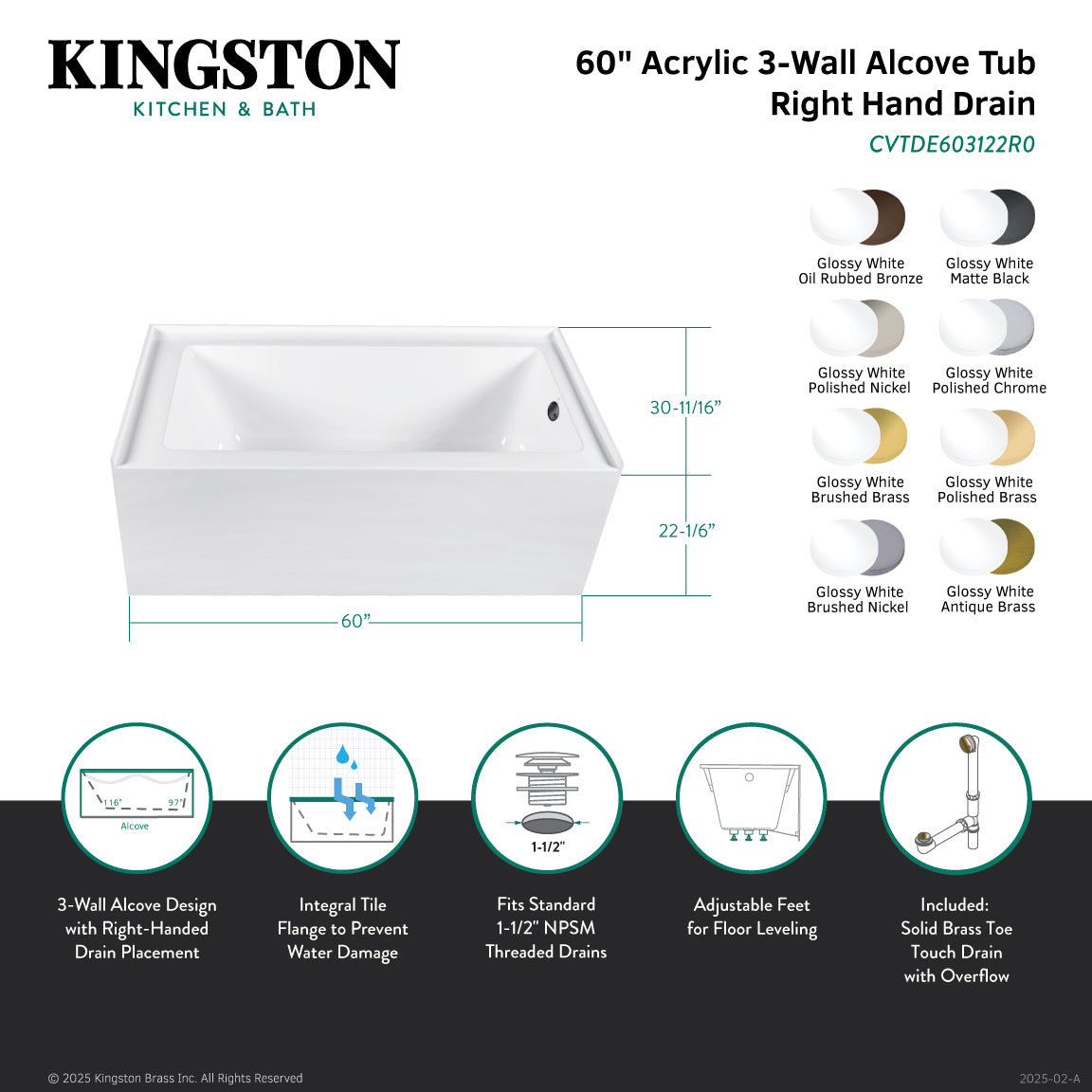 Aqua Eden CVTDE603122R7 60" Acrylic Rectangular 3-Wall Alcove Tub Combo with Waste and Overflow Drain (Right Hand Drain), Glossy White/Brushed Brass