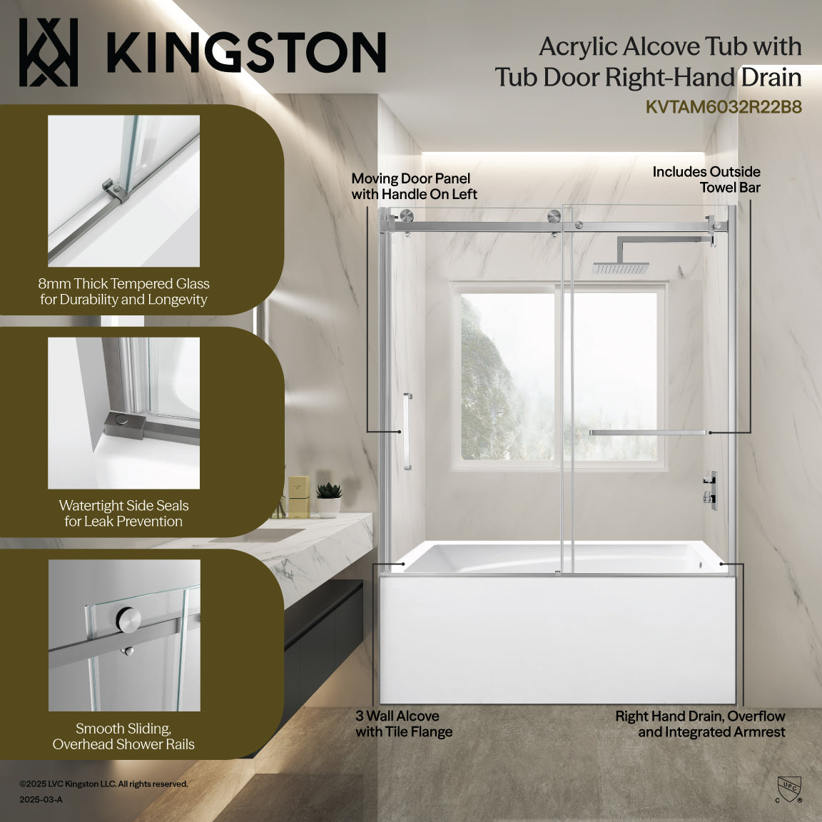 Kingston Brass KVTAM6032R22B1 60" Acrylic Rectangular 3-Wall Anti-Skid Alcove Tub Combo with Tub Door (Right Hand Drain), White/Polished Chrome