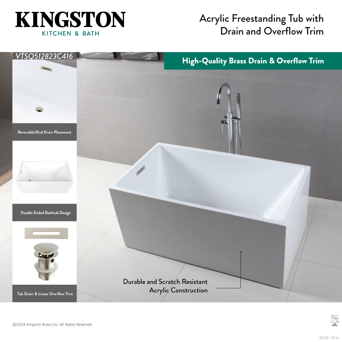 Kingston Brass VTSQ512823C412 51" Acrylic Rectangular Double Ended Freestanding Tub with Drain, Glossy White/Polished Brass