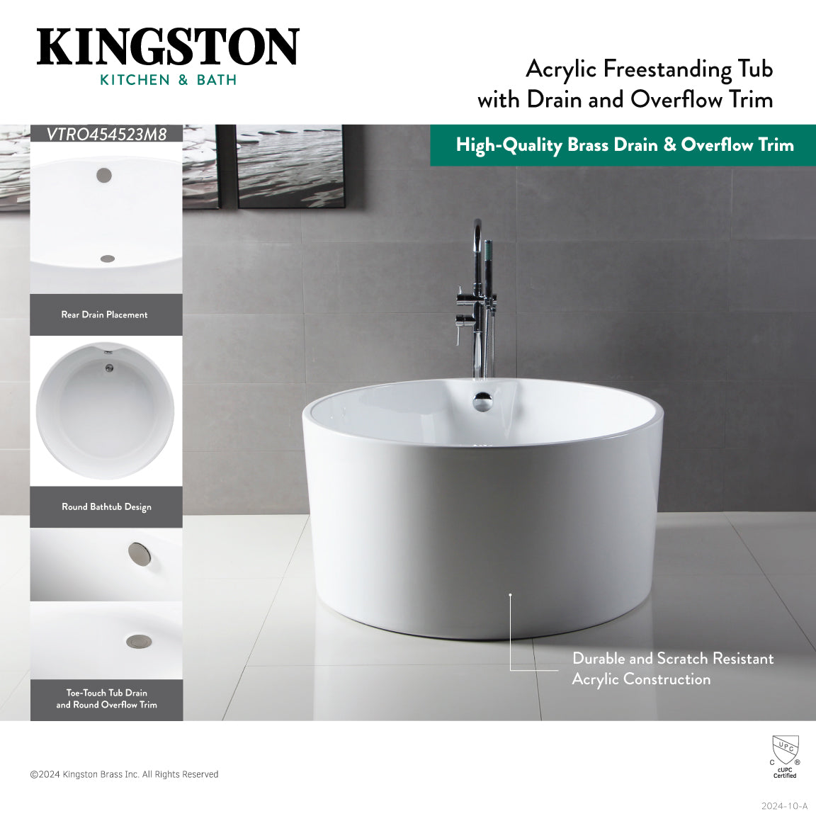 Kingston Brass VTRO454523M3 45" Acrylic Round Double Ended Freestanding Tub with Overflow/Drain Assembly, Glossy White/Antique Brass
