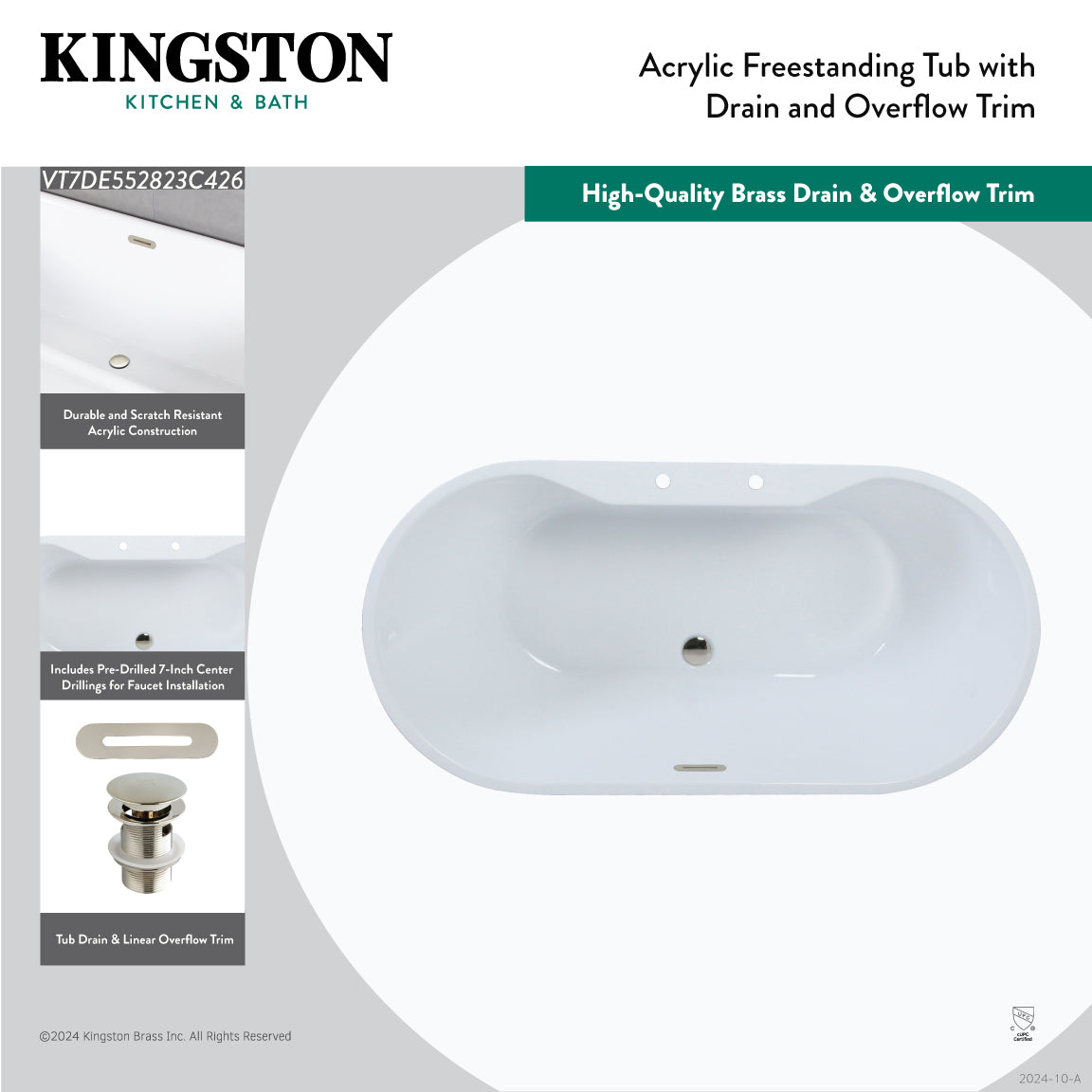 Kingston Brass VT7DE552823C423 55" Acrylic Oval Double Ended Freestanding Tub with Drain, Glossy White/Antique Brass