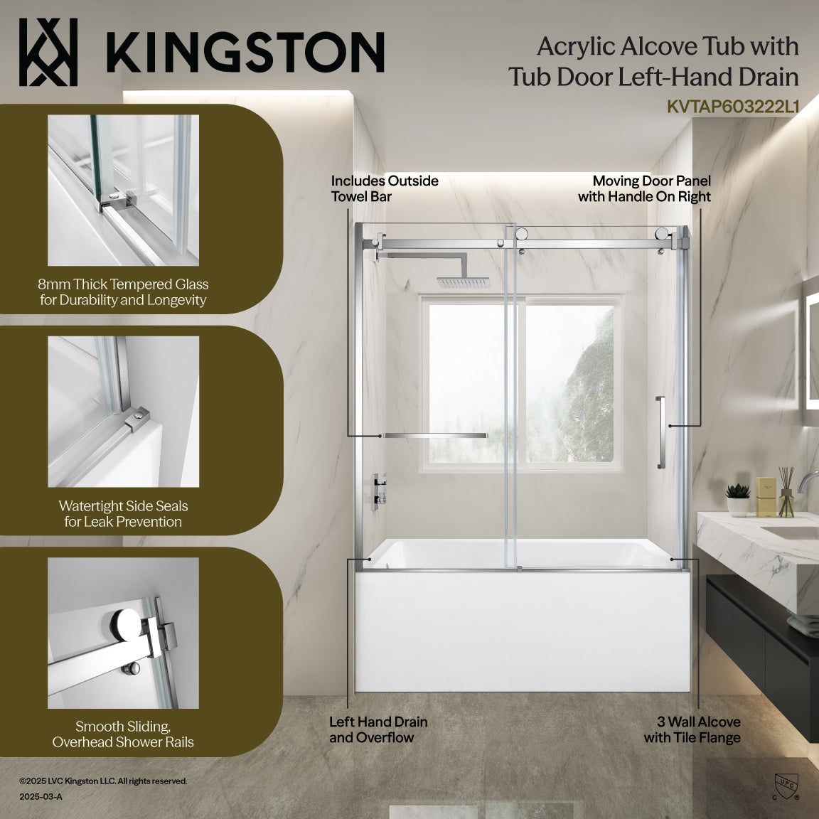 Kingston Brass KVTAP603222L7 60" Acrylic Rectangular 3-Wall Alcove Tub Combo with Tub Door (Left Hand Drain), White/Brushed Brass
