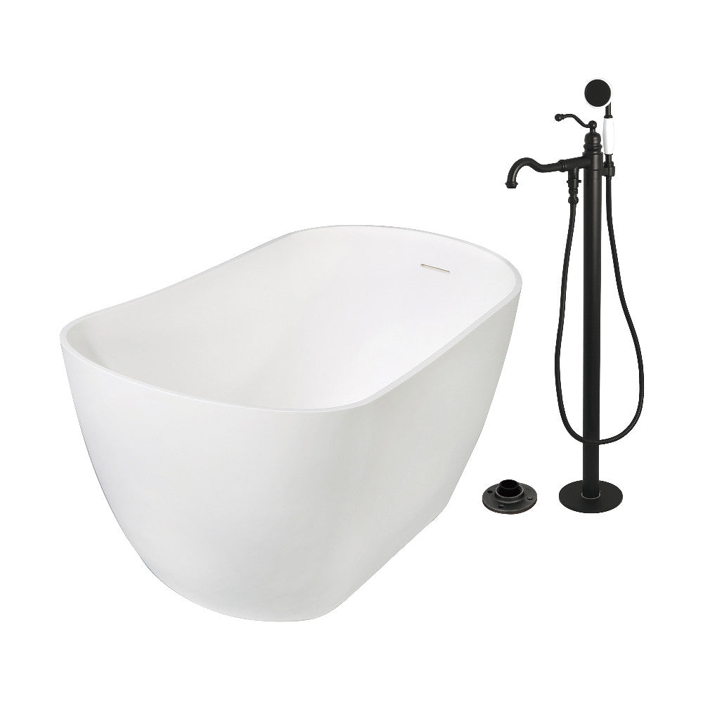 Kingston Brass KRTSS5130130AL 51" Solid Surface Oval Single Slipper Freestanding Tub with Faucet Combo and Drain, Matte Black