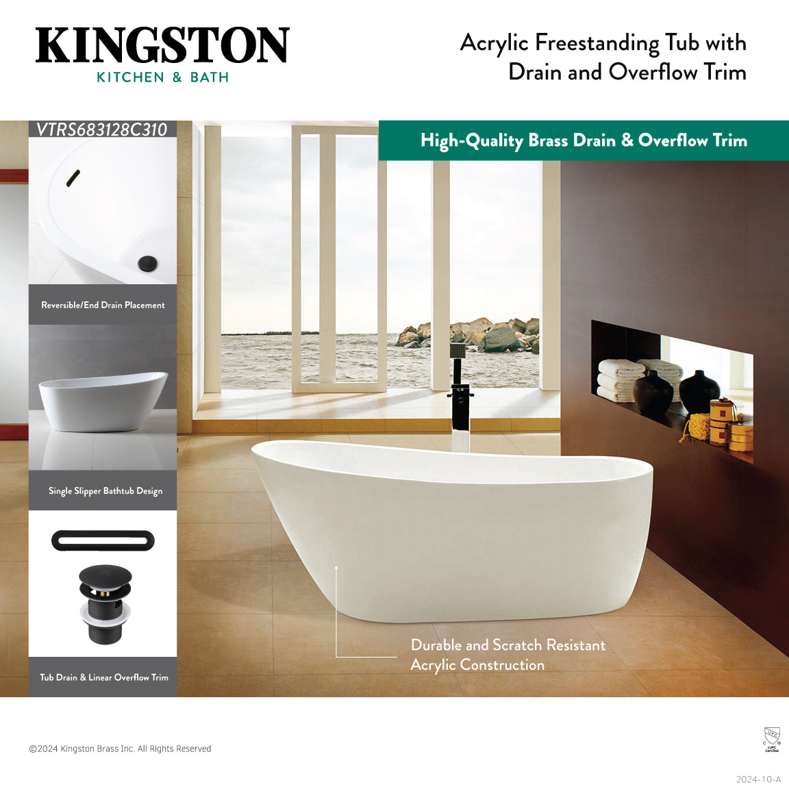 Kingston Brass VTRS683128C310 68" Acrylic Oval Single Slipper Freestanding Tub with Drain, Glossy White/Matte Black