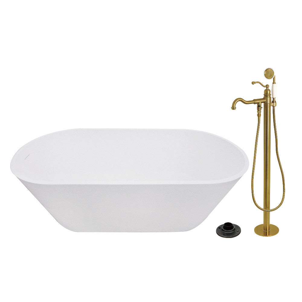Kingston Brass KRTRS6731137AL 67" Solid Surface Oval Double Ended Freestanding Tub with Faucet Combo and Drain, Brushed Brass