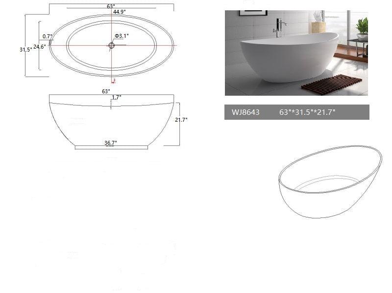 Legion Furniture 63" White Matt Solid Surface Tub - 72 Gallons - Bathroom Design Center