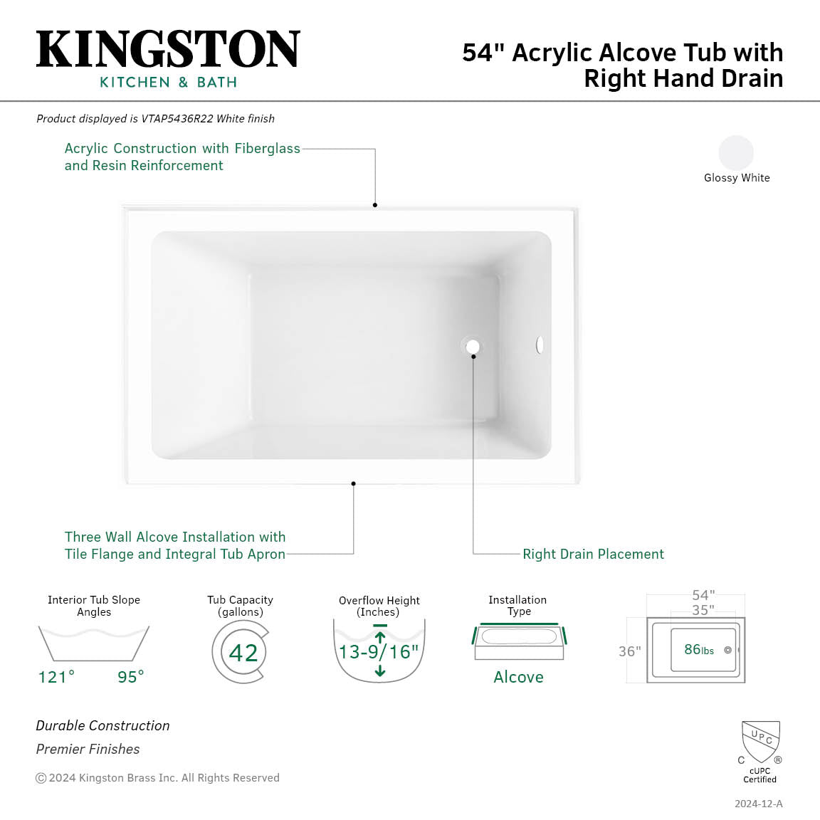 Aqua Eden VTAP5436R22 54" Acrylic Rectangular 3-Wall Alcove Tub, Right Hand Drain, Glossy White