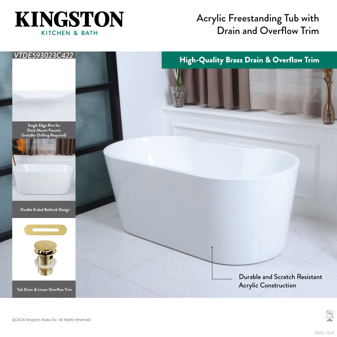 Kingston Brass VTDE593023C423 59" Acrylic Oval Double Ended Freestanding Tub with Drain, Glossy White/Antique Brass