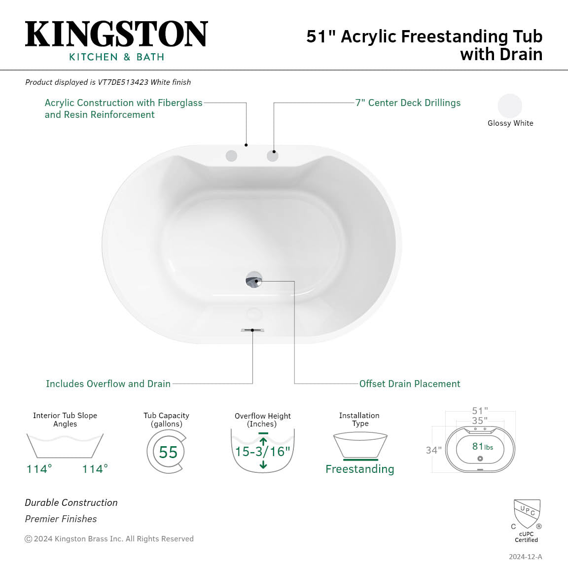 Kingston Brass VT7DE513423 51" Acrylic Oval Double Ended Freestanding Tub with Drain, Glossy White