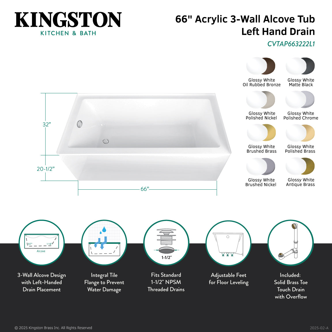 Aqua Eden CVTAP663222L2 66" Acrylic Rectangular 3-Wall Alcove Tub Combo with Waste and Overflow Drain (Left Hand Drain), Glossy White/Polished Brass