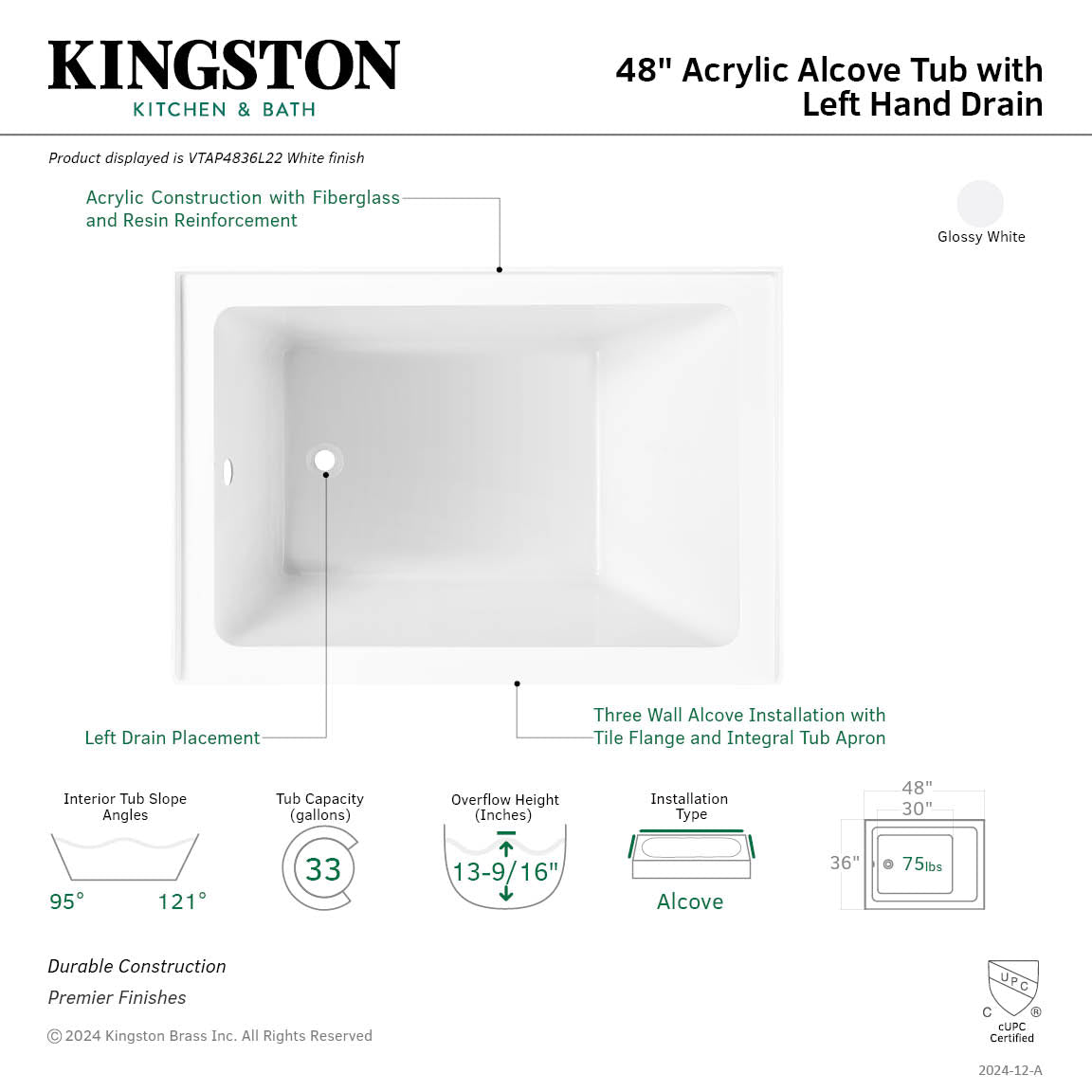 Aqua Eden VTAP4836L22 48" Acrylic Rectangular 3-Wall Alcove Tub, Left Hand Drain, Glossy White
