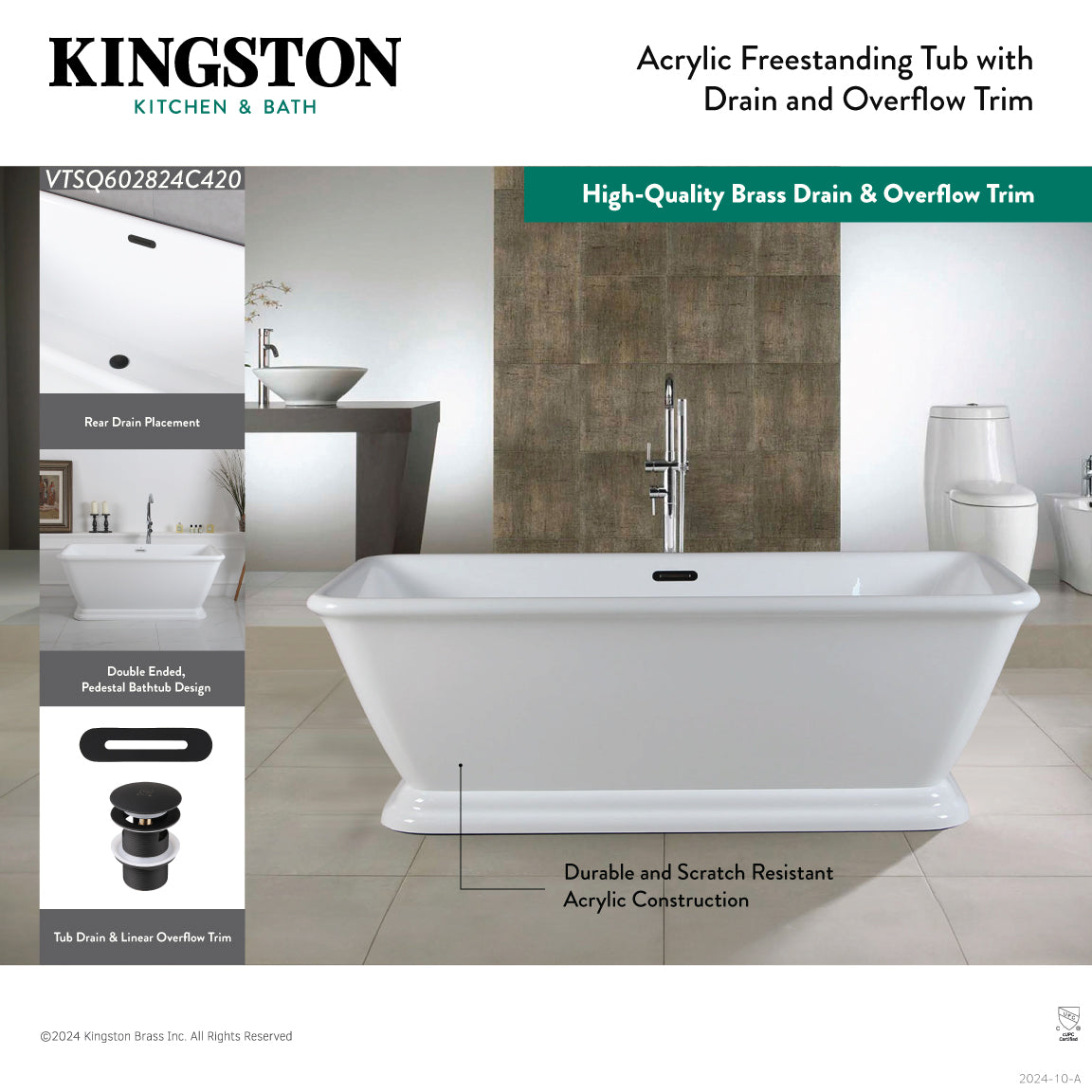 Kingston Brass VTSQ602824C426 60" Acrylic Oval Rectangular Double Ended Pedestal Tub with Drain (No Faucet Drillings), Glossy White/Polished Nickel