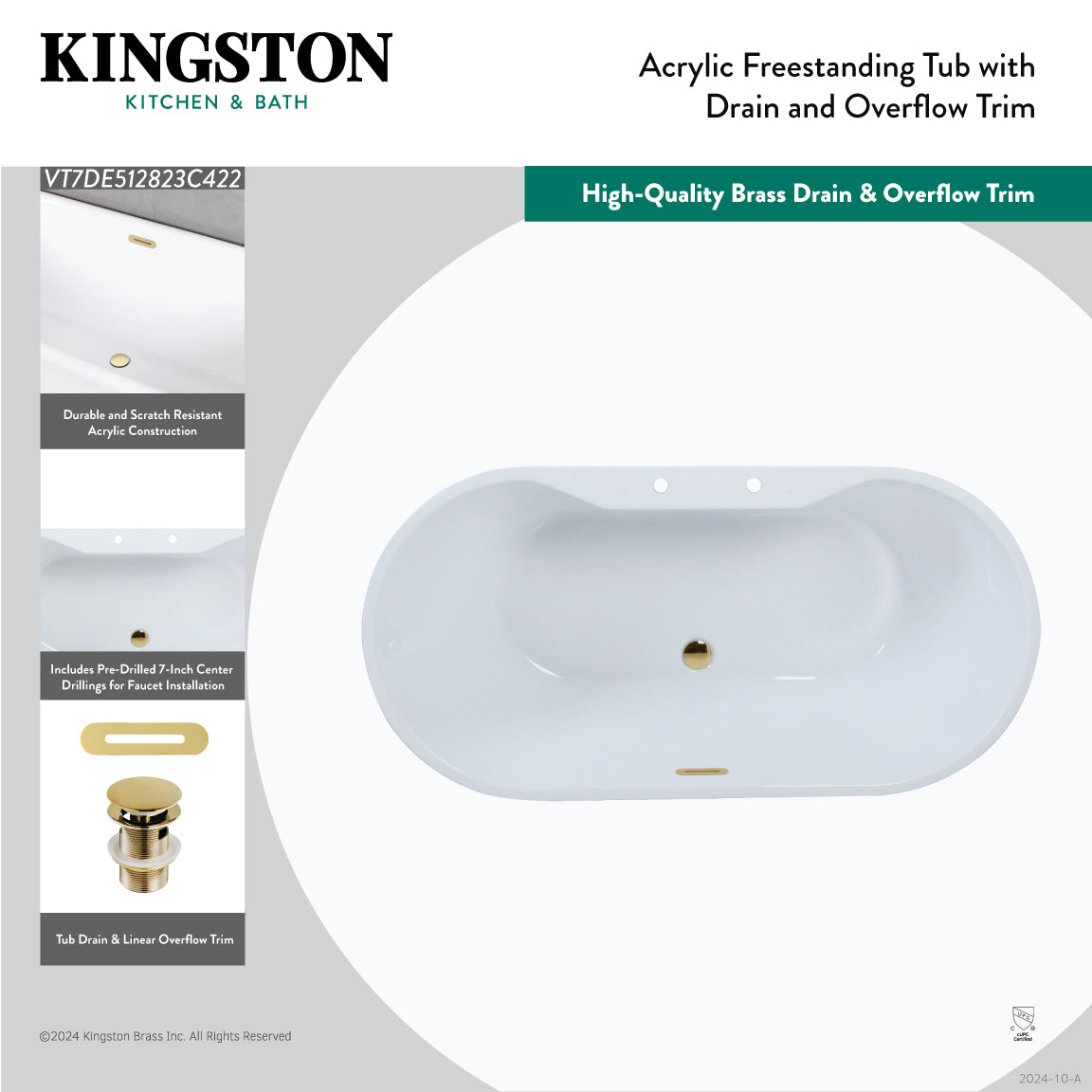 Kingston Brass VT7DE512823C423 51" Acrylic Oval Double Ended Freestanding Tub with Drain, Glossy White/Antique Brass