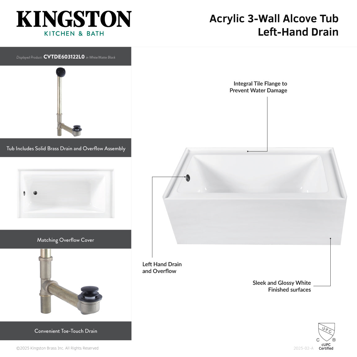 Aqua Eden CVTDE603122L2 60" Acrylic Rectangular 3-Wall Alcove Tub Combo with Waste and Overflow Drain (Left Hand Drain), Glossy White/Polished Brass