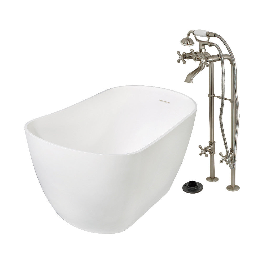 Kingston Brass KRTSS5130266K8 51" Solid Surface Oval Single Slipper Freestanding Tub with Faucet Combo and Drain, Brushed Nickel