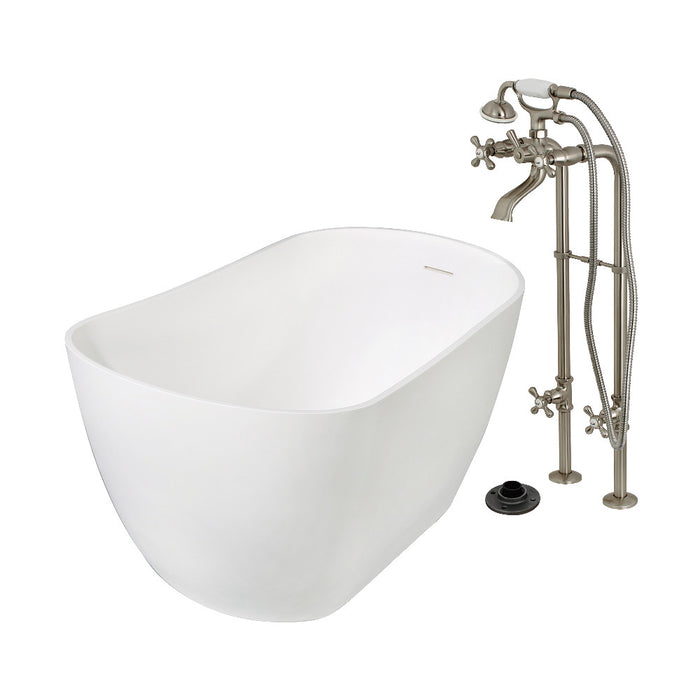 Kingston Brass KRTSS5130266K8 51" Solid Surface Oval Single Slipper Freestanding Tub with Faucet Combo and Drain, Brushed Nickel