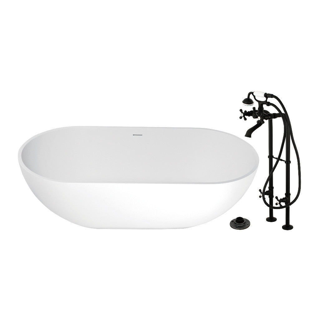 Kingston Brass KRTRS7035266K0 70" Solid Surface Oval Double Ended Freestanding Tub with Faucet Combo and Drain, Matte Black