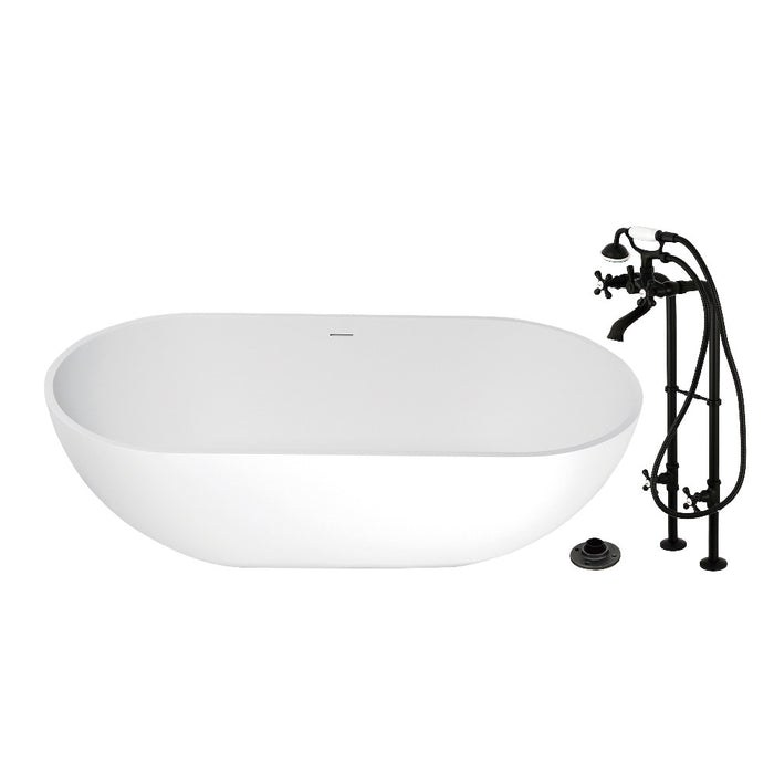 Kingston Brass KRTRS7035266K0 70" Solid Surface Oval Double Ended Freestanding Tub with Faucet Combo and Drain, Matte Black
