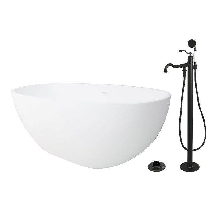 Kingston Brass KRTRS6531130AL 65" Solid Surface Oval Double Ended Freestanding Tub with Faucet Combo and Drain, Matte Black