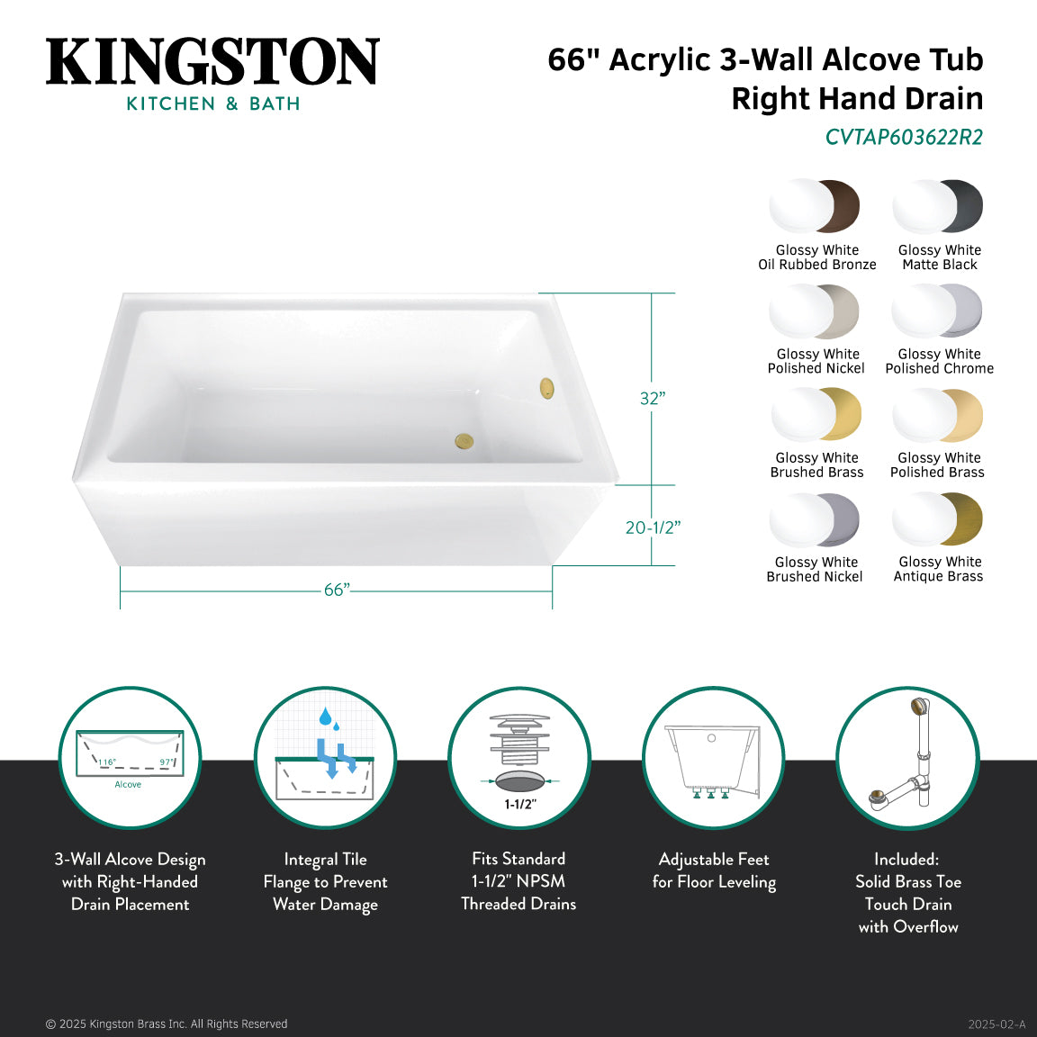 Aqua Eden CVTAP663222R5 66" Acrylic Rectangular 3-Wall Alcove Tub Combo with Waste and Overflow Drain (Right Hand Drain), Glossy White/Oil Rubbed Bronze