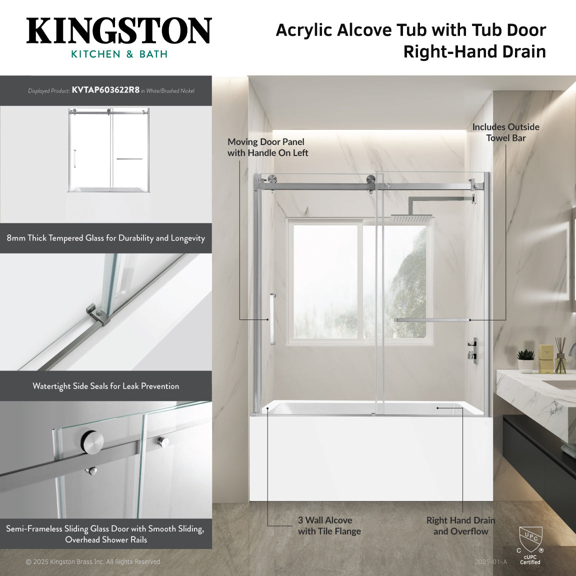 Kingston Brass KVTAP603622R8 60" Acrylic Rectangular 3-Wall Alcove Tub Combo with Tub Door (Right Hand Drain), White/Brushed Nickel
