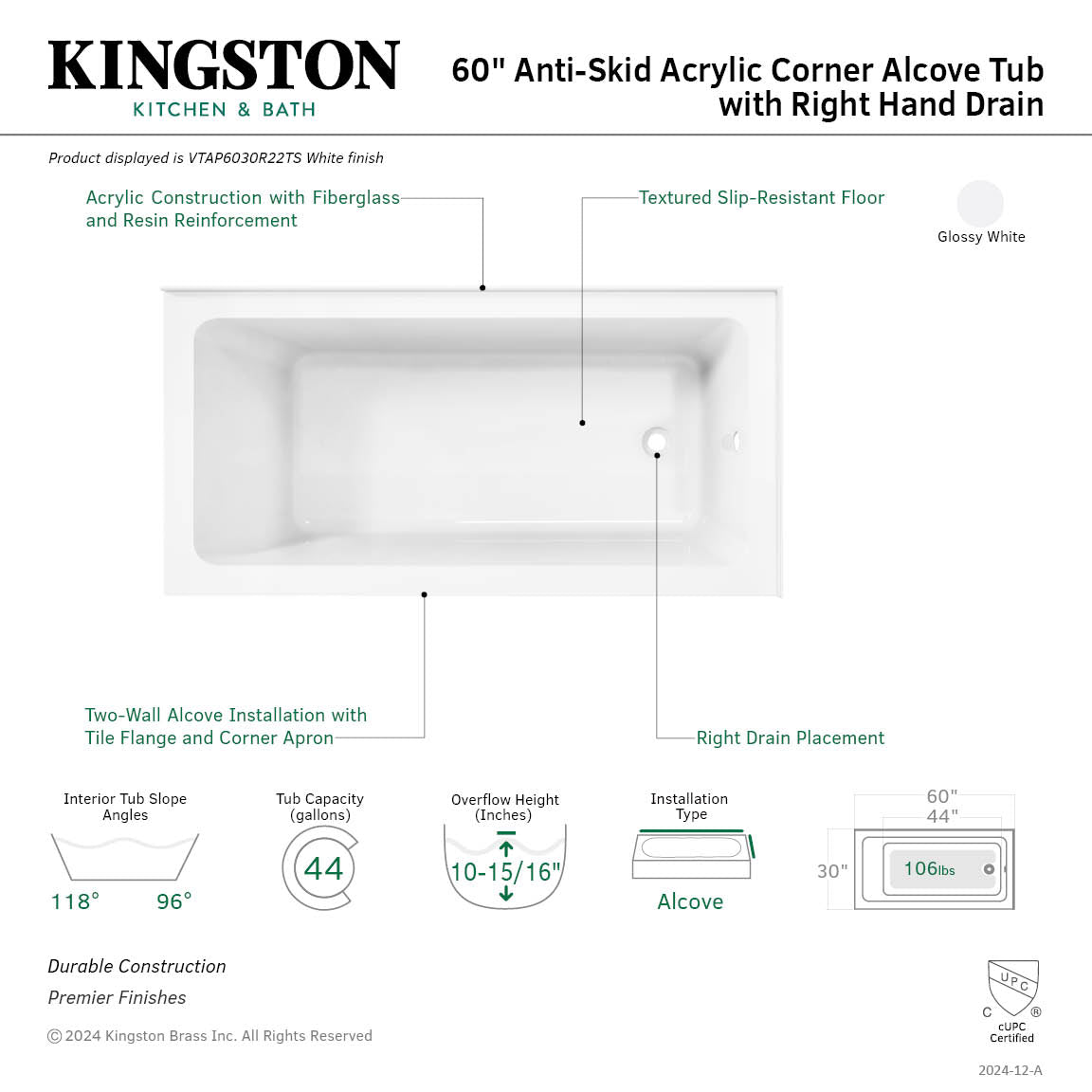 Aqua Eden VTAP6030R22TS 60" Acrylic Rectangular 2-Wall Corner Alcove Tub, Right Hand Drain, Glossy White