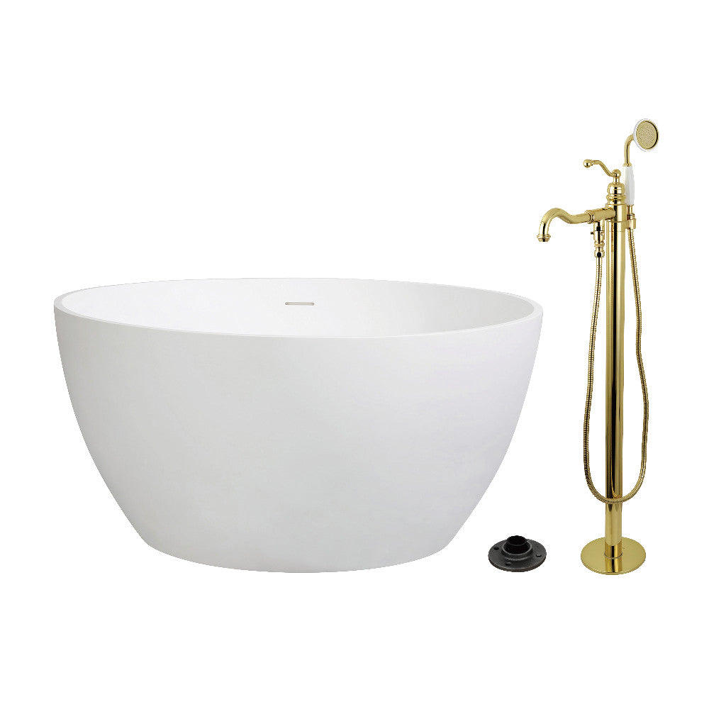 Kingston Brass KRTRO4545132AL 45" Solid Surface Round Double Ended Freestanding Tub with Faucet Combo and Drain, Polished Brass