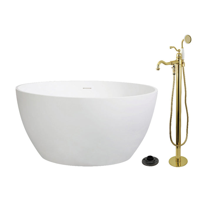 Kingston Brass KRTRO4545132AL 45" Solid Surface Round Double Ended Freestanding Tub with Faucet Combo and Drain, Polished Brass