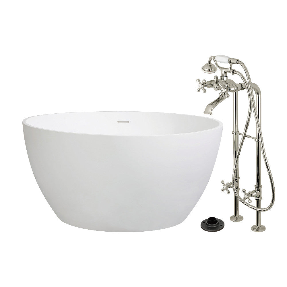 Kingston Brass KRTRO4545266K6 45" Solid Surface Round Double Ended Freestanding Tub with Faucet Combo and Drain, Polished Nickel